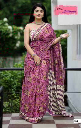 Handicraft Ladies Ikat Print Pure soft Cotton Sari With Blouse Piece-Pink