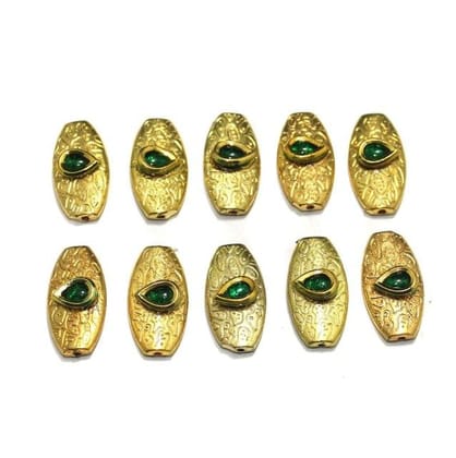 10 pcs 22x14 mm Kundan Beads,Green-Green / Brass
