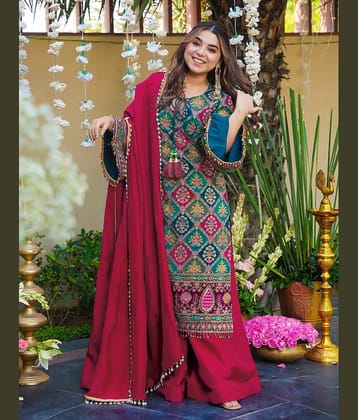kedar fab Women Silk Printed Straight Kurti With Palazzo ( Pink )