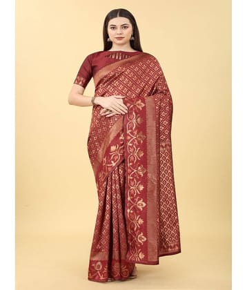 NENCY FASHION Banarasi Silk Embellished Saree With Unstitched Blouse Piece ( Red )