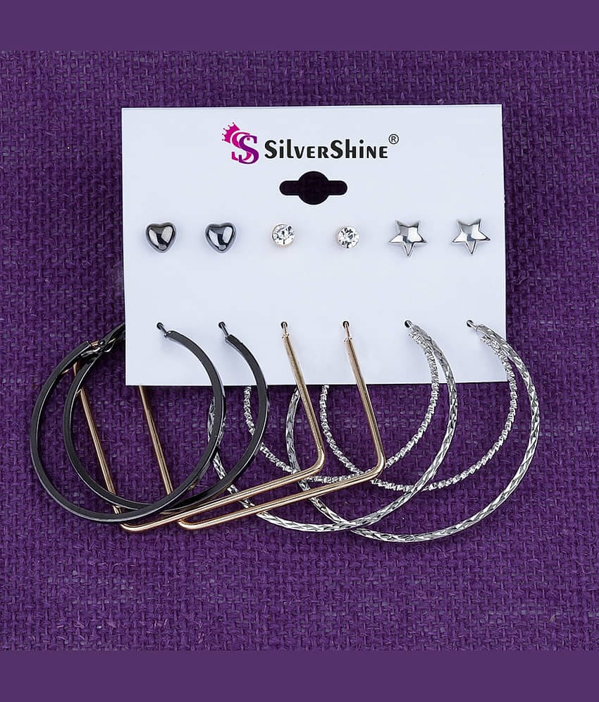Silver Shine Stylish Fashion Earring Combo 3 Bali With 3 Studs Set For Women Girls