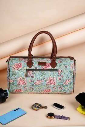Summer Sorbet Hand Block Printed Aqua Duffle Bag-17 x 5 x 12 in / Green / Green