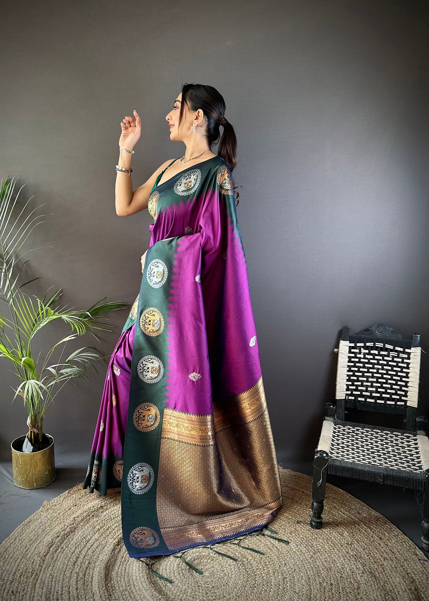 Purple Soft Silk Butti Zari Weaving Work Banarasi Saree