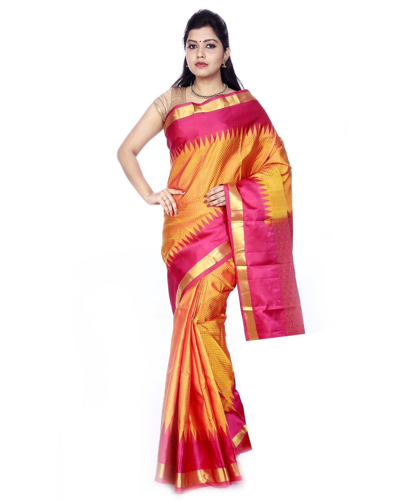 Orange Kanchipuram Silk Saree with Temple Border
