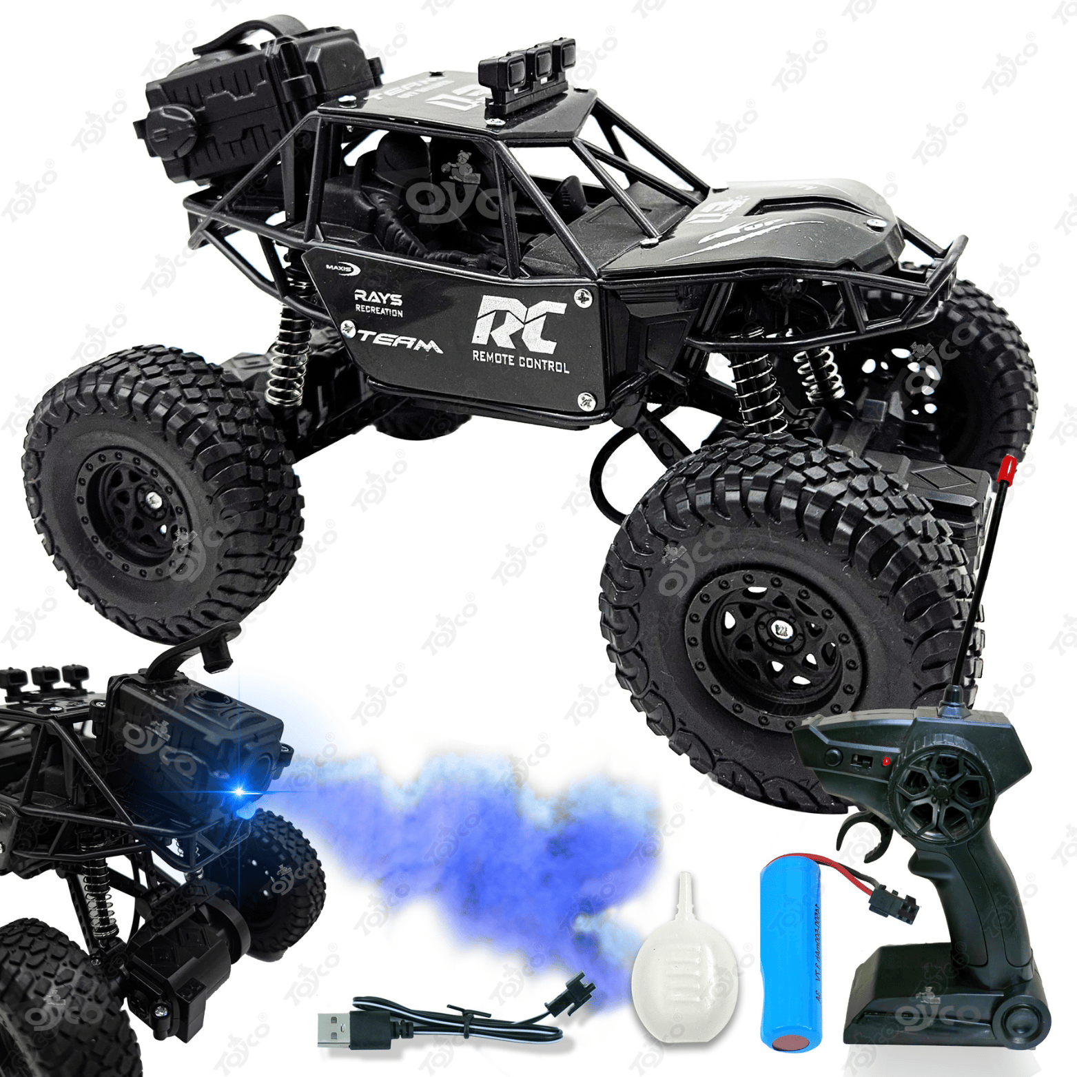 TOYCO Alloy Rock Crawler - Rechargeable Remote Control Car with LED Smoke Effect and Anti-Slip Tyres, 1:18 Scale | Off-Road Monster Truck/Car Gift for Kids Boys and Girls Age 4+ (Black)