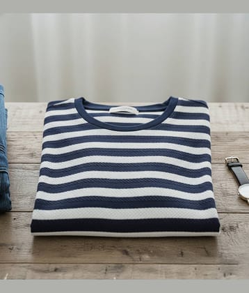 CAT BUNNY Men Cotton Blend Regular Fit Striped T-Shirt ( Navy Blue )