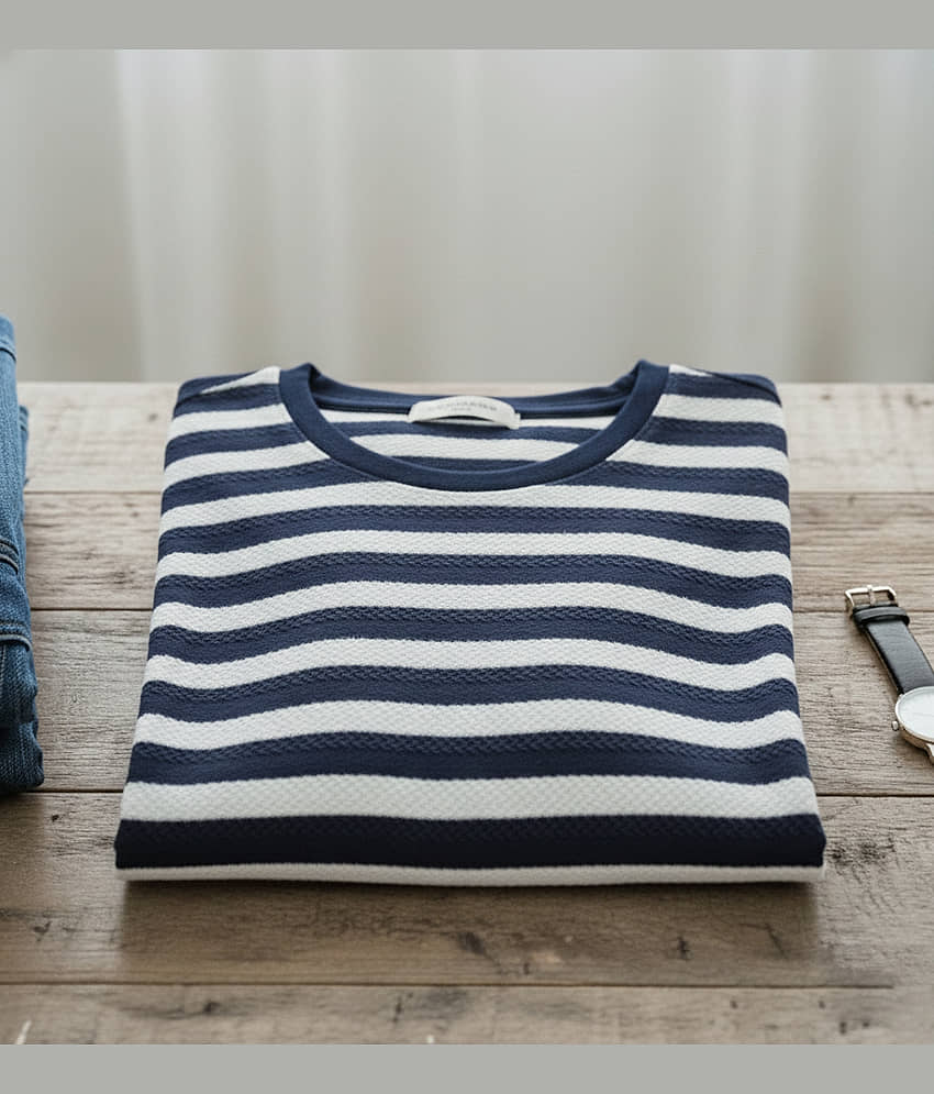 CAT BUNNY Men Cotton Blend Regular Fit Striped T-Shirt ( Navy Blue )