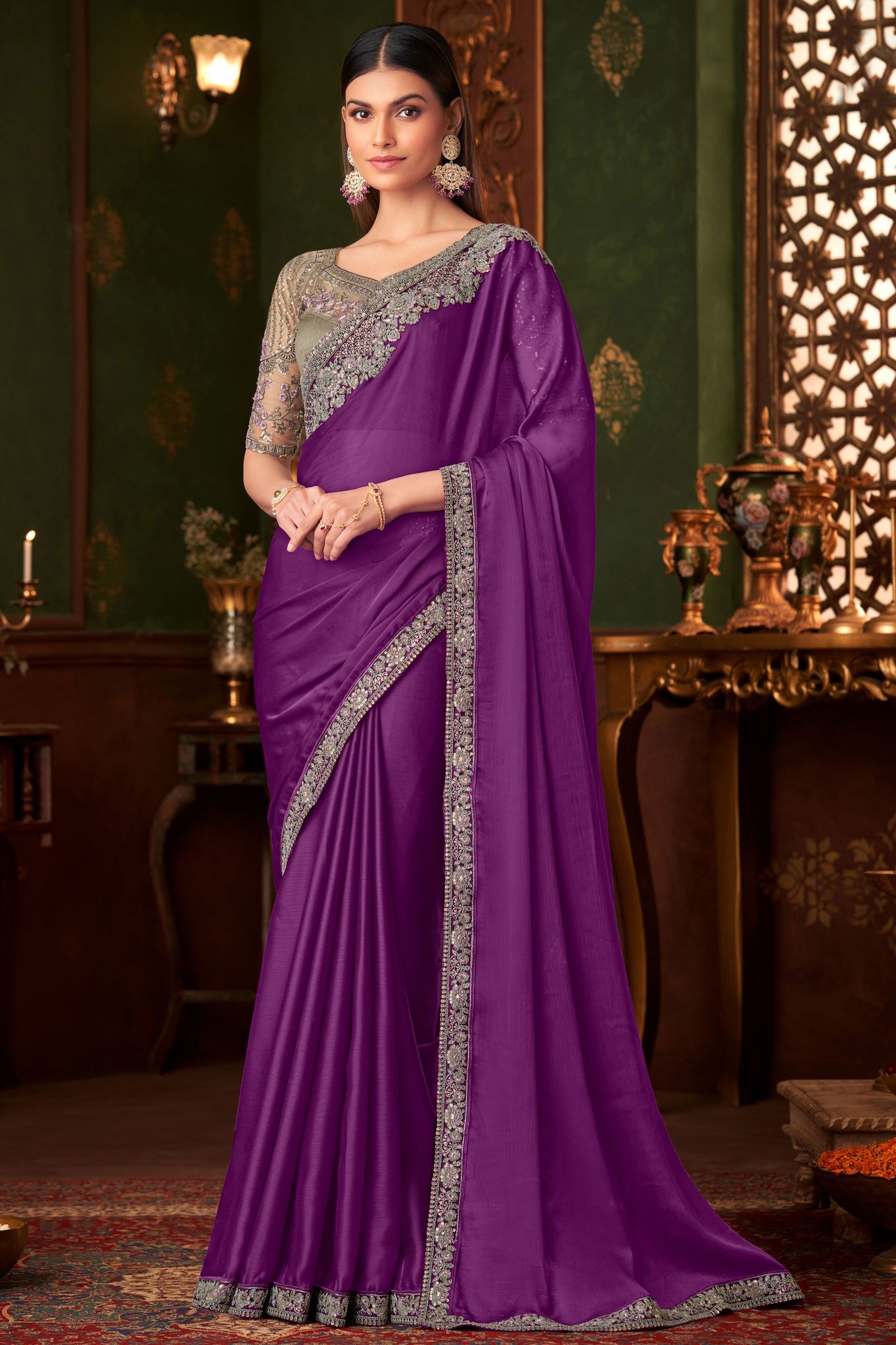 Magenta Embroidered Chiffon Silk Saree