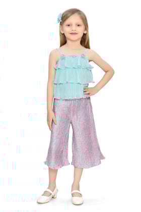 Be:Kids Green Tropical Bliss Layered Ruffle Top and Palazzo Pants Set
