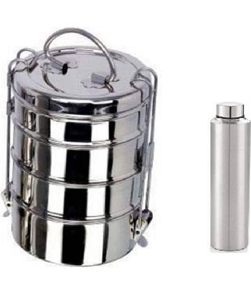 Dynore - Tiffin with bottle Silver Stainless Steel Lunch Box ( Pack of 2 ) 2790 ml