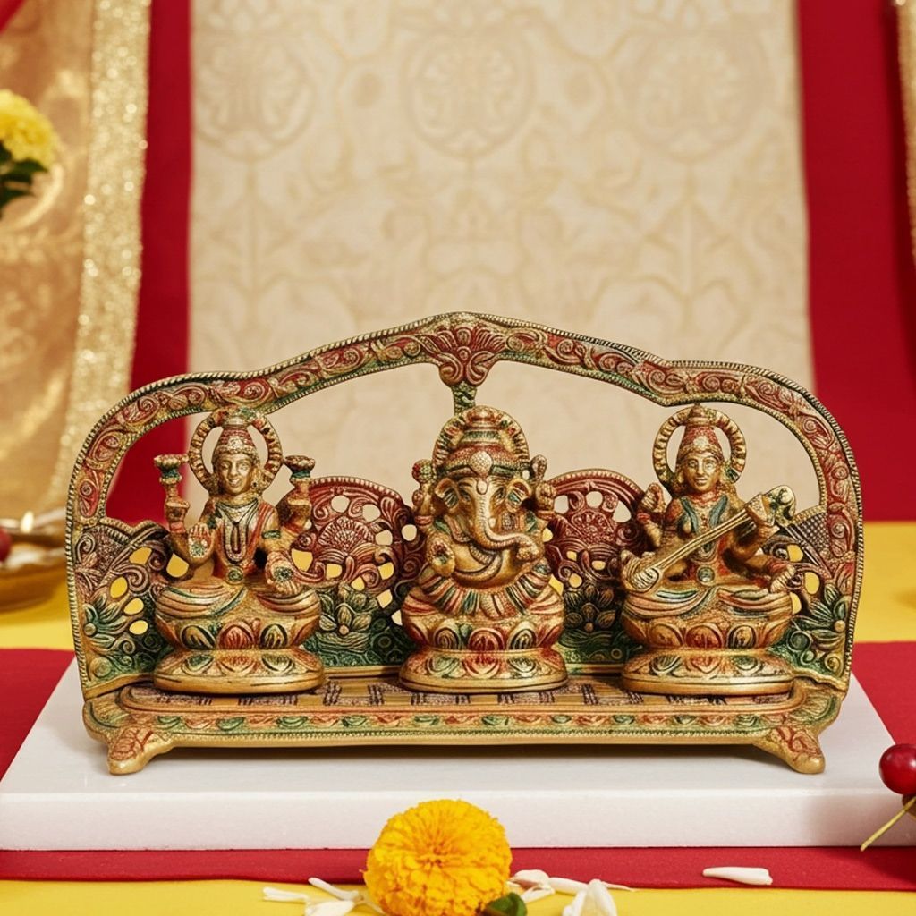 Brass Laxmi?Ganesh?Saraswati God Idol Set - Complete Puja Display, Height : 5.2 Inch (BSMAS1247 A)