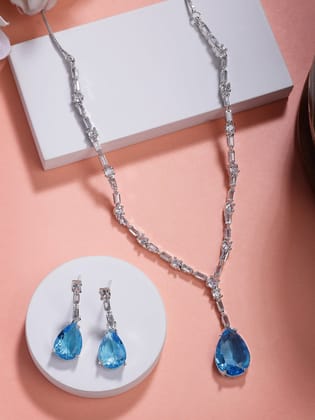 NVR Women's Silver-Plated Blue American Diamond-Studded Handcrafted Jewellery Set-One Size / Blue / Brass