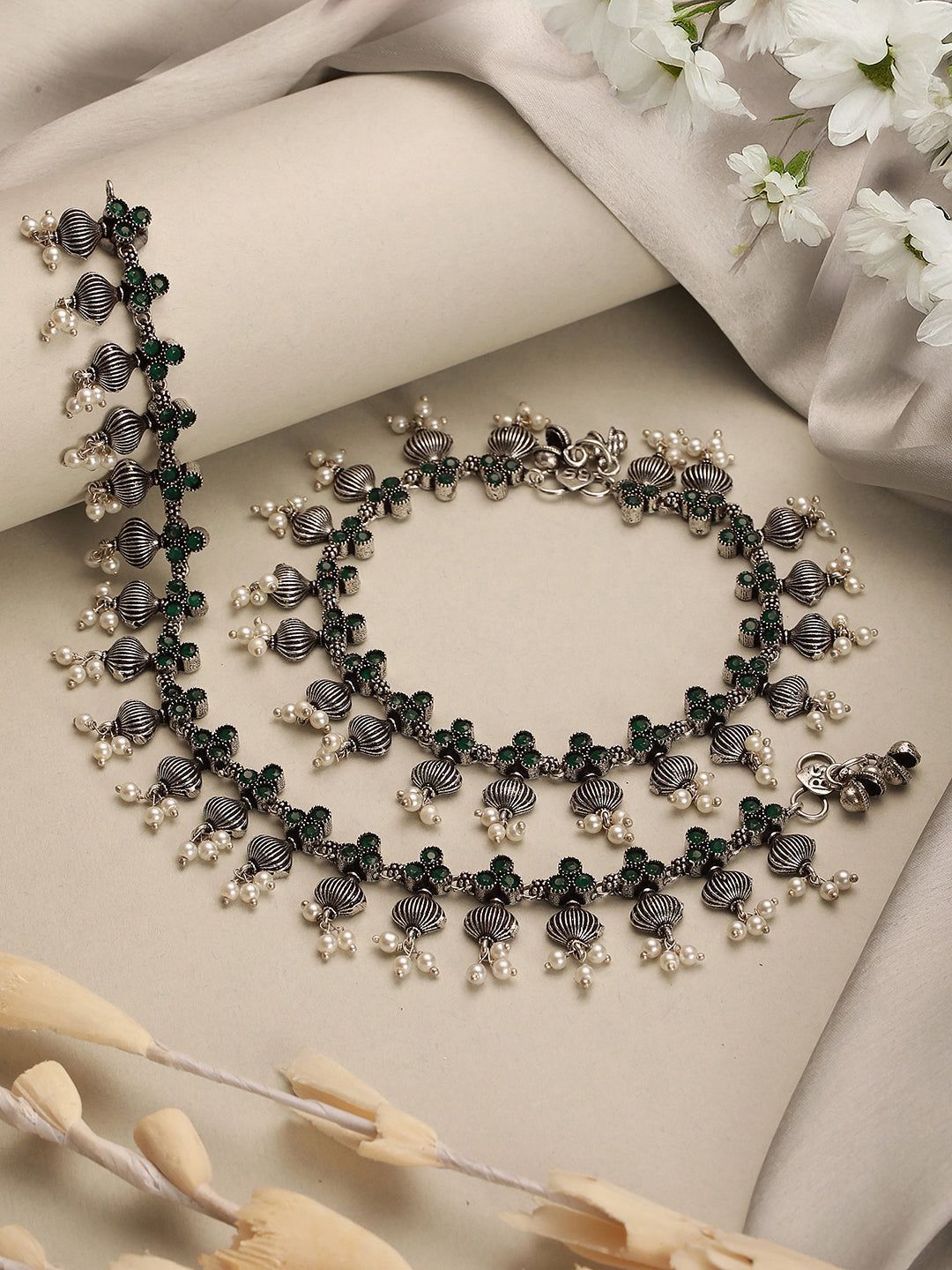 Set of 2 Silver Oxidised Green Stone Studded  Flower Minimal Dailywear Anklet Payal