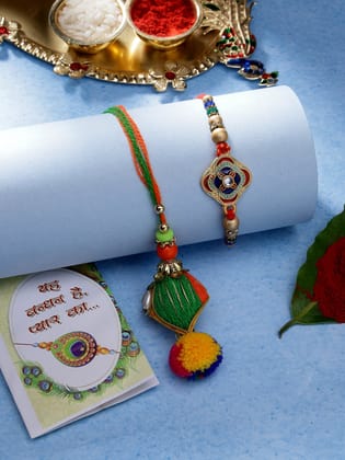 NVR Unisex Set of 2 Multicolor Beaded Bhaiya Bhabhi Rakhi With Roli Chawal-Freesize / Multi / Alloy