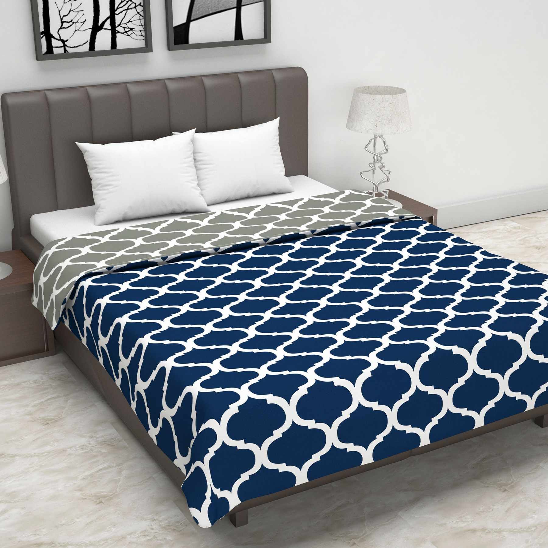 Dark Blue Abstract Print Super Soft Brushed Microfiber Double Bed AC Dohar-Double / Blue and Grey / TL1153