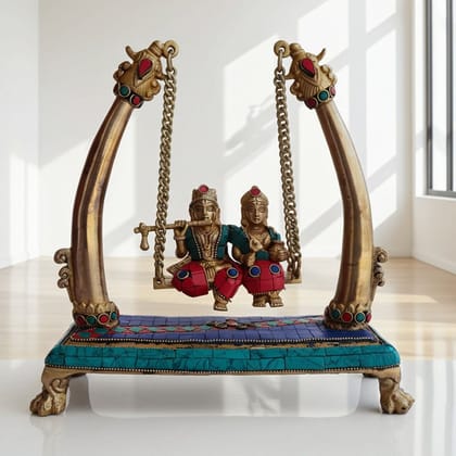 Brass Radha Krishna Jhula Idol - Stone Finish God Statue, Height : 11 Inch (BSMAS178)