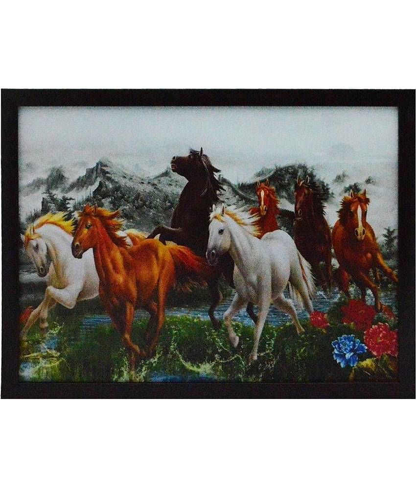 eCraftIndia Multicoloured Running Lucky Horses UV Framed Wall Art