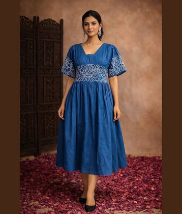 Aarika Women Cotton Embroidered Fit & Flare Dress ( Teal )