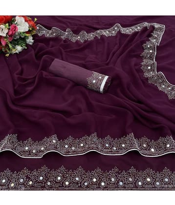 VEERAIVA Georgette Embroidered Saree With Unstitched Blouse Piece ( Purple )