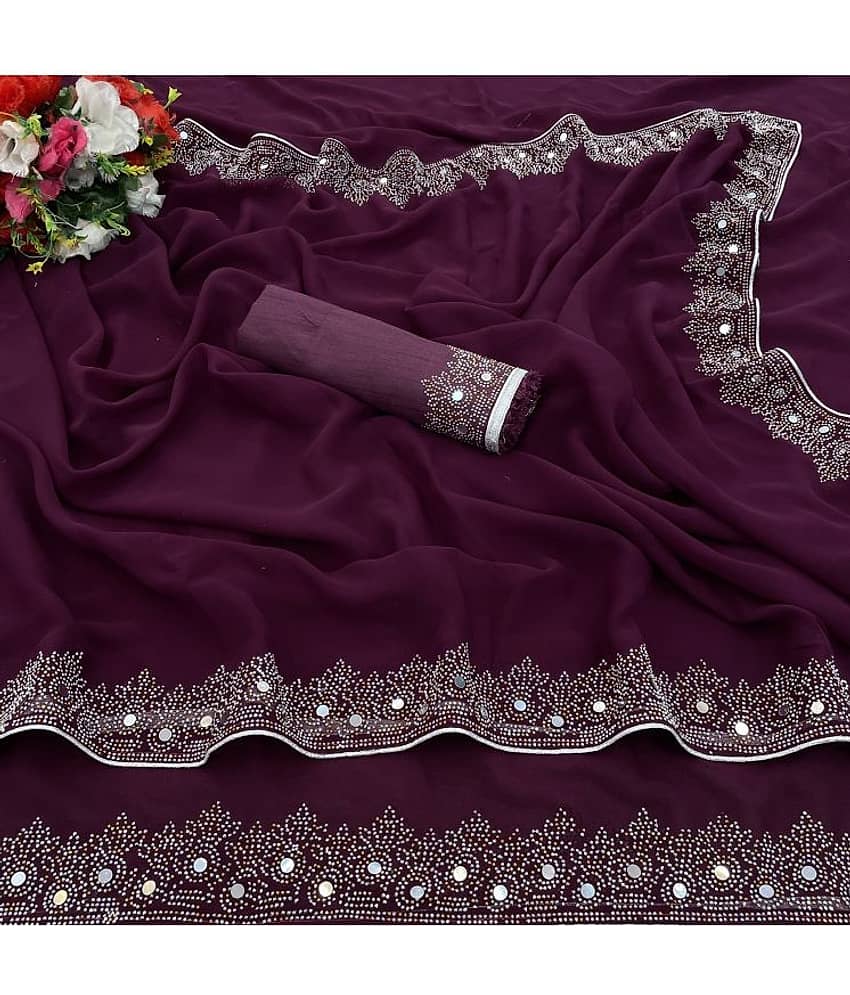 VEERAIVA Georgette Embroidered Saree With Unstitched Blouse Piece ( Purple )