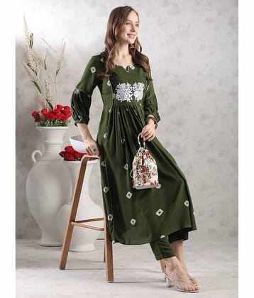 anushansa Rayon Embroidered Kurti With Pants Women's Stitched Salwar Suit - Green ( Pack of 1 )