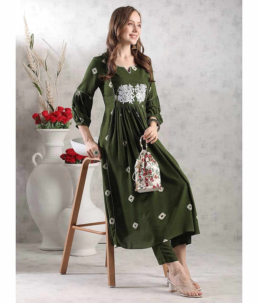 anushansa Rayon Embroidered Kurti With Pants Women's Stitched Salwar Suit - Green ( Pack of 1 )