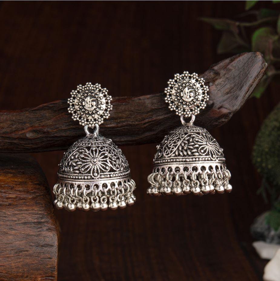 Oxidized Silver Plated Designed Artwork Antique Jhumka Earri