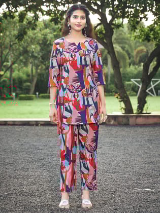 Multicolor Printed Rayon Blend Notch Neck Co-Ord Set-S