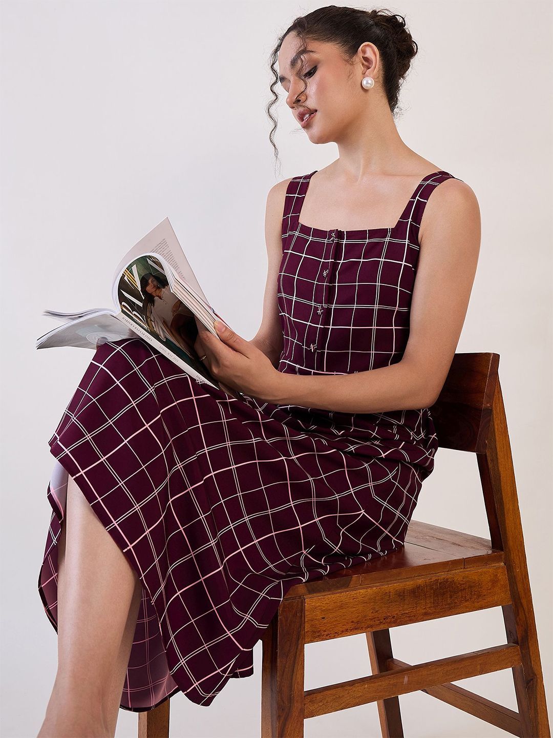 Maroon Check Fit & Flare Dress-XS