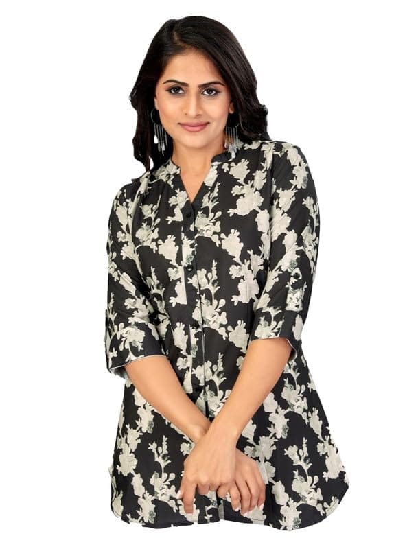 Women's Poly Crepe Mandarin Collar 3/4 Sleeves Short Top (Black, 2XL)-PID56263