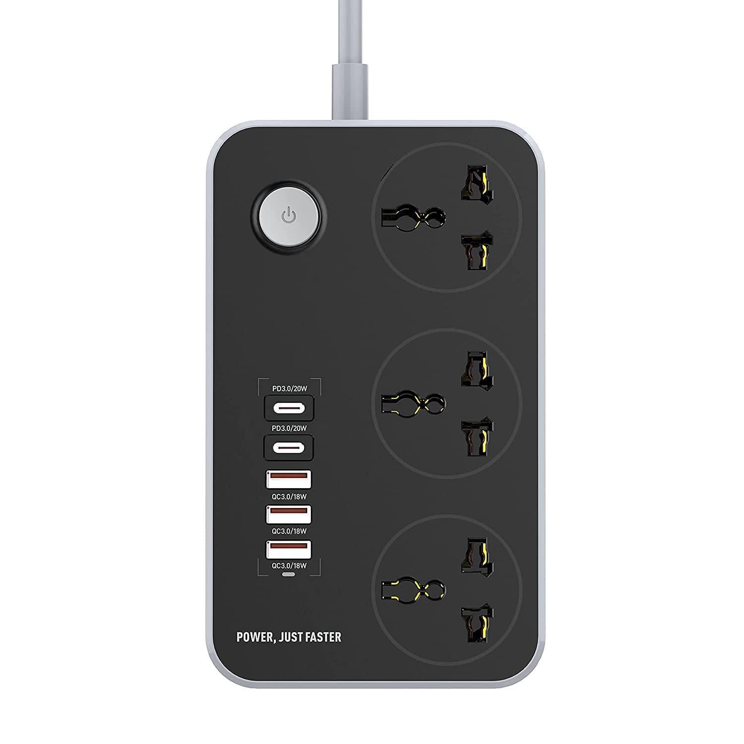 Extension Board with USB Ports 2500W Extension Fire Resistant 3 Socket with 38W 3 USB & 20W Fast 2 Type C Ports Fast Charger Heavy Duty & Universal Surge Protection Sockets with 2 Miter Wire