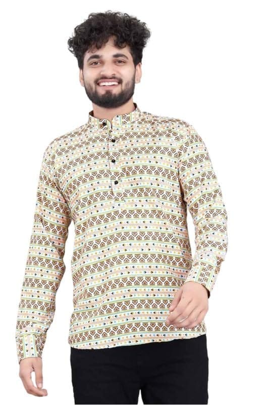 Men's Cotton Blended Printed Full Sleeve Shortkurta (Multicolor, XL)-PID53467