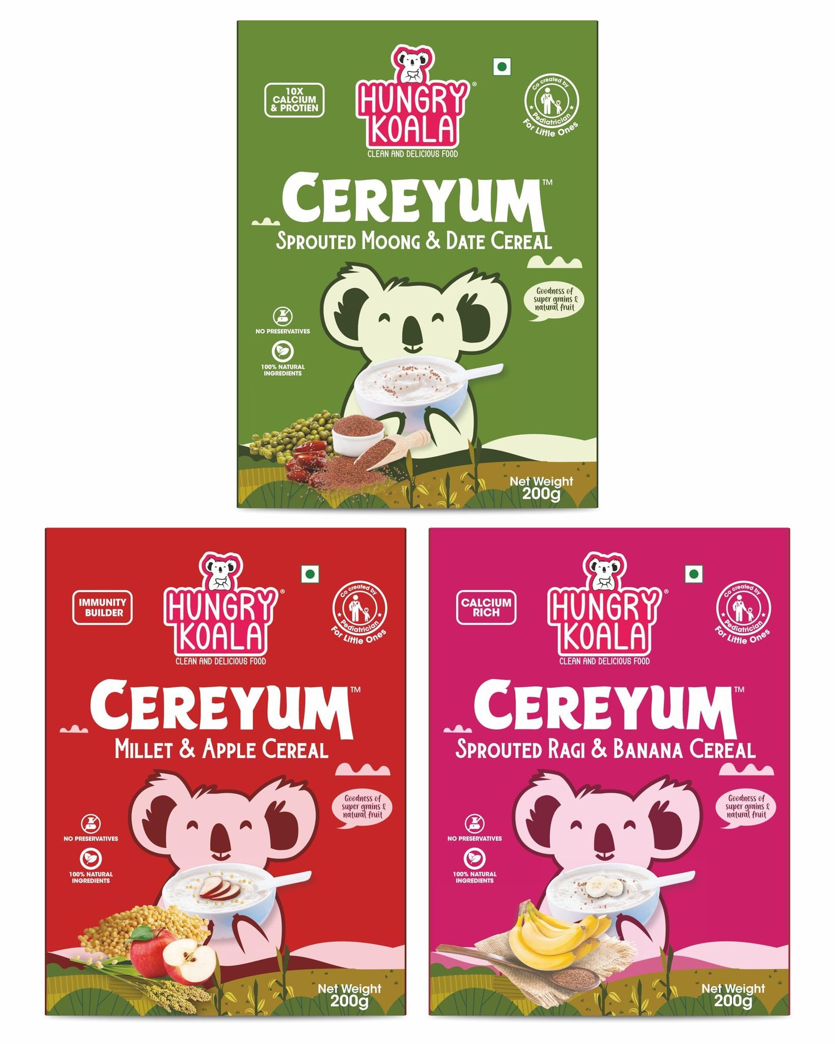 HUNGRY KOALA Cereal Made With Natural Ingridients Millet Apple Ragi Banana Sprouted Moong & Dates For Kids To Grow Healthy No Preservative Or Additives Or Maida 200 Grams Pack Of 3