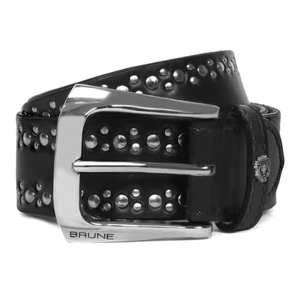 Men's Belt with Sliver Metal Circle Studded in Black Leather-32