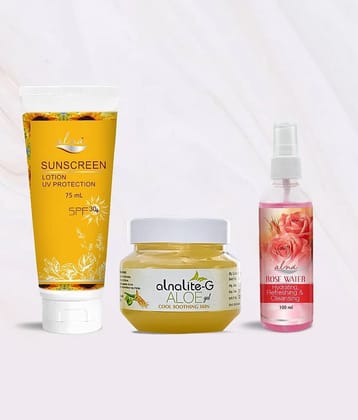 Alna Sunscreen Lotion SPF 30+ 75ml with Alnalite-G Aloe Gel 100gm & Rose Water 100ml , Pack of 3