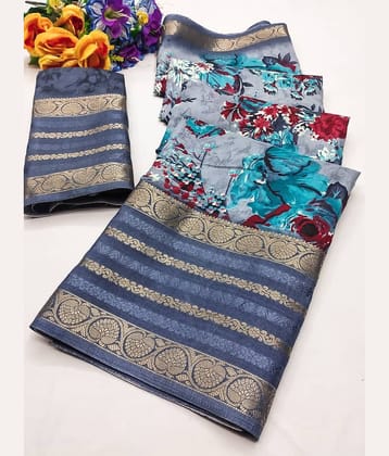 Kanooda Prints Silk Printed Saree With Unstitched Blouse Piece ( Grey )