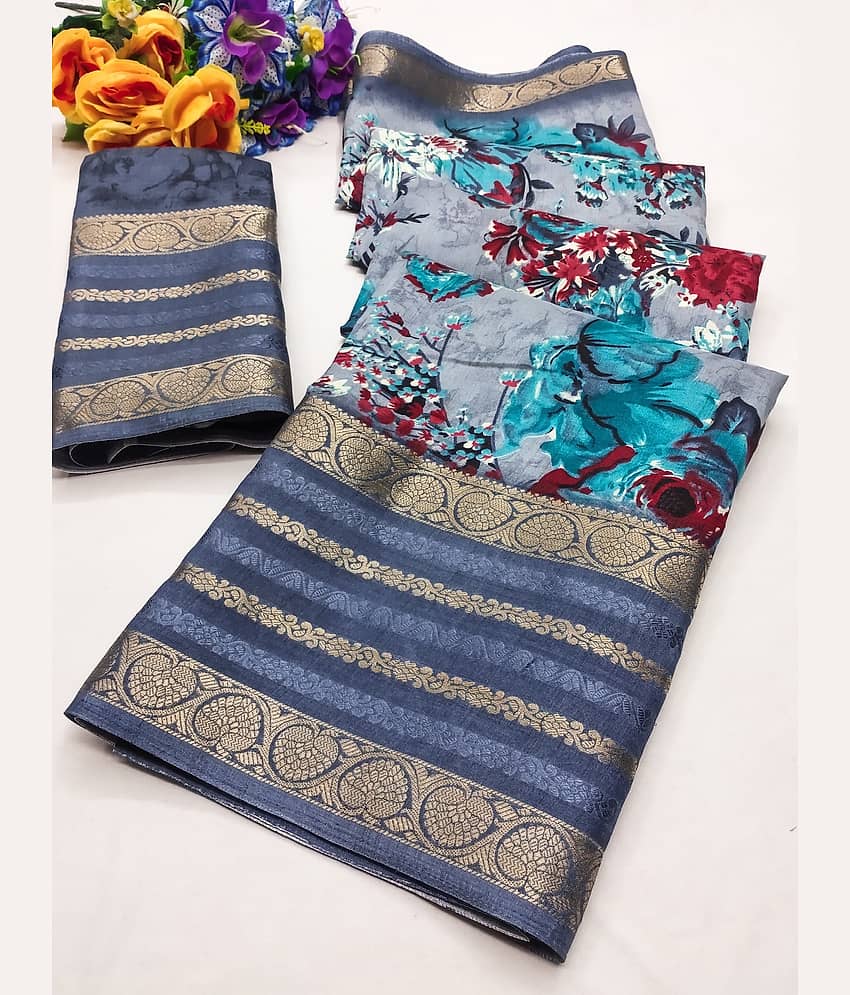 Kanooda Prints Silk Printed Saree With Unstitched Blouse Piece ( Grey )
