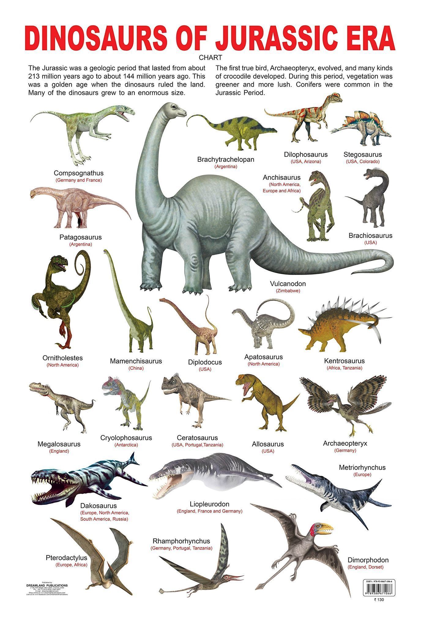Dinosaurs of Jurassic Era Educational Wall Chart For Kids - Both Side Hard Laminated (Size 48 x 73 cm) [Wall Chart] Dreamland Publications