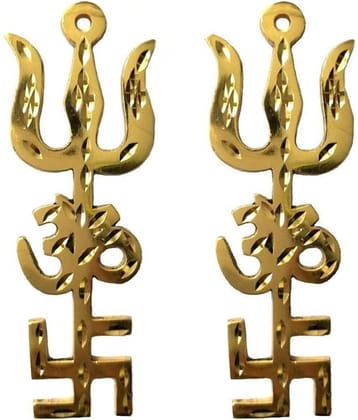 RUDRADIVINE Indian Traditional Bronze Trishul Om Swastika Yantra Wall Hanging Showpiece for Home Decor (4-Inch, Golden)