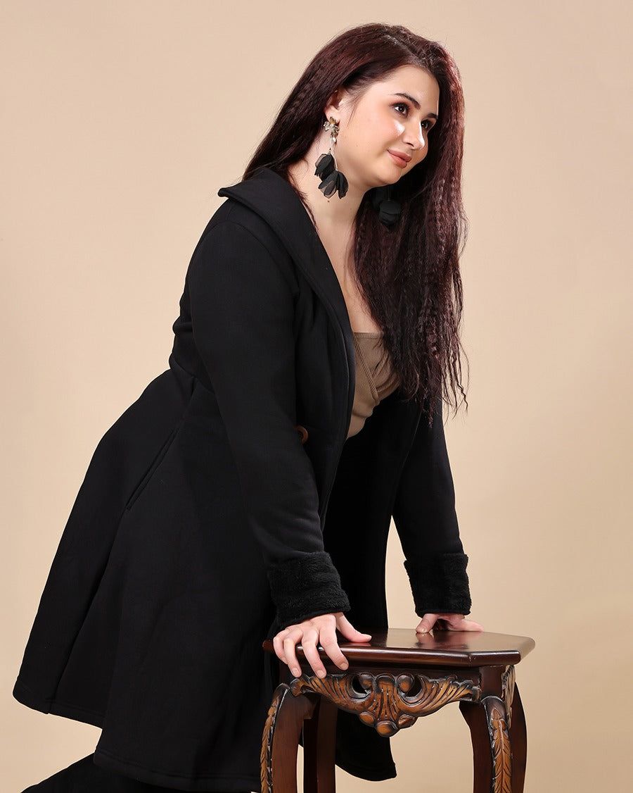 Black Solid Double Breasted Coat-L / Black