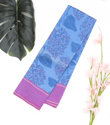 Blue Handloom Kanchipuram Silk Saree With Floral Motifs & Purple Border-Blue