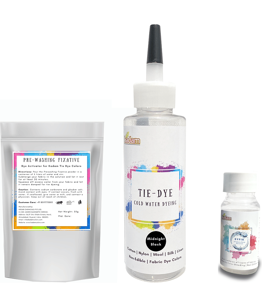 Kadam Tie Dye Midnight Black, Cold Water Fabric Dye Color, 100mL Bottle with Prewashing Fixative mini and Free Kadam DyFix mini bottle