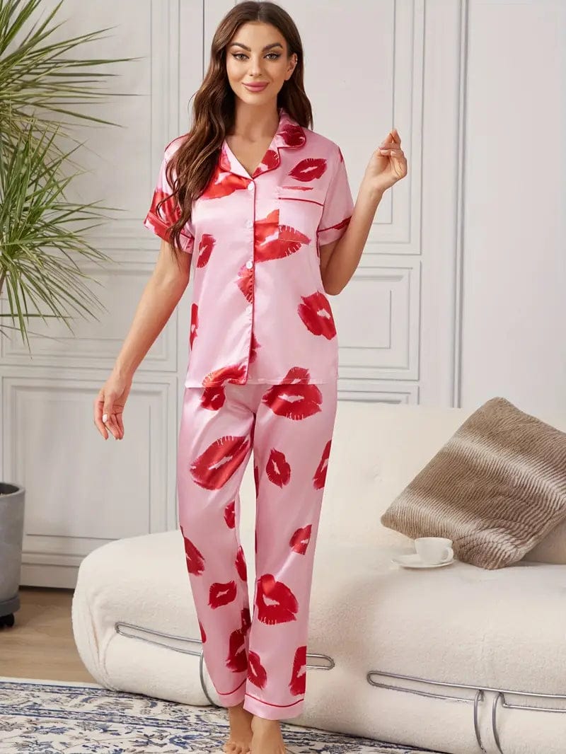 Lip Print Satin Cami Top & Shorts Pajama Set-Long Pajama set / S
