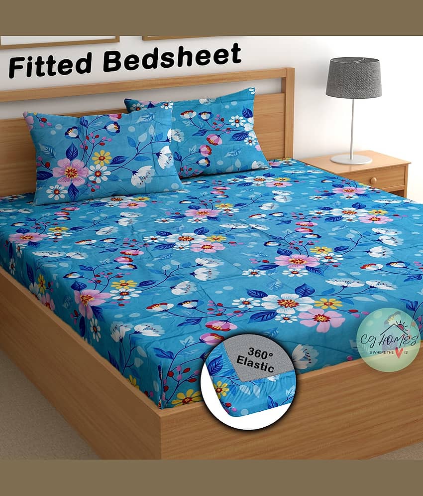 CG HOMES Poly Cotton 1 Double Fitted Bedsheet with 2 Pillow Covers ( 230 cm x 225 cm ) , Blue