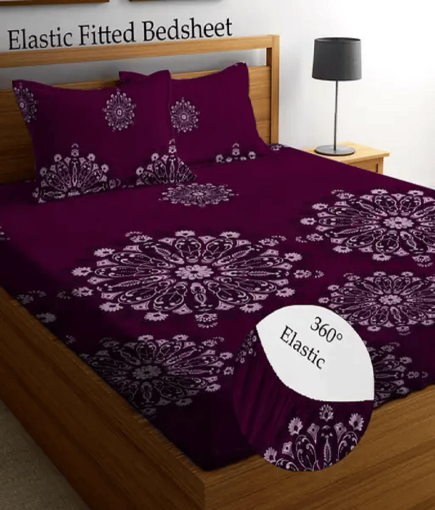 YKNIP Cotton Floral Fitted 1 Bedsheet with 2 Pillow Covers ( King Size ) - Maroon