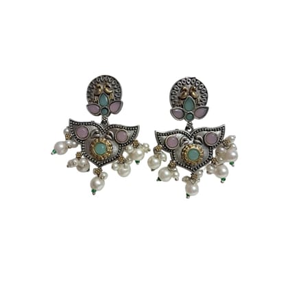Anvaya Collections Traditional Earrings, Green and Red Stones with Pearl Drops, Antique Silver and Gold Dual Tone