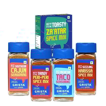 CRISTA Global Multipurpose Seasonings Combo (Taco Seasoning 45 gm, Za'atar Spice Mix 100 gm, Harissa Spice Mix 45 gm, Cajun Seasoning 45 gm & Peri-Peri Spice Mix 45 gm - Pack of 5
