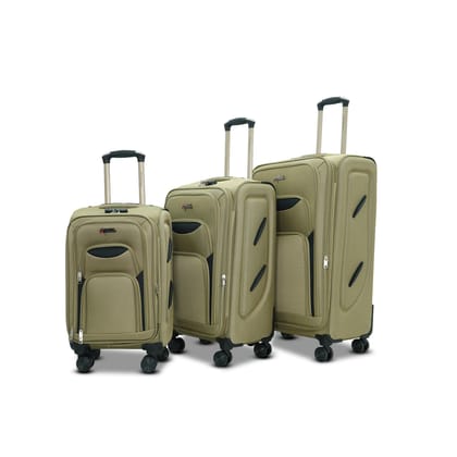 AMERICAN TRAVELLER Tourissem Bossed Trolley Bags Set of 3  Cabin, Medium, Large | Travel Suitcase Luggage | 18% Expandable | 360 Dual Disc Spinner Wheels | Lock & Telescopic Handle (3, Beige)