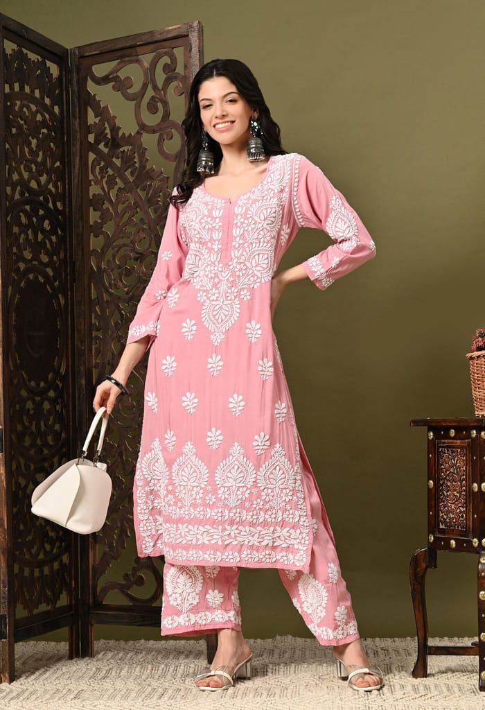 Chikankari (3D) Work on Modal Fabric-Pastel Pink