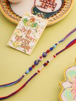 NVR Men Multicolor Evil Eye Artificial Beads Thread Rakhi with Roli Chawal Chandan & Mishri-One Size / Multicolor